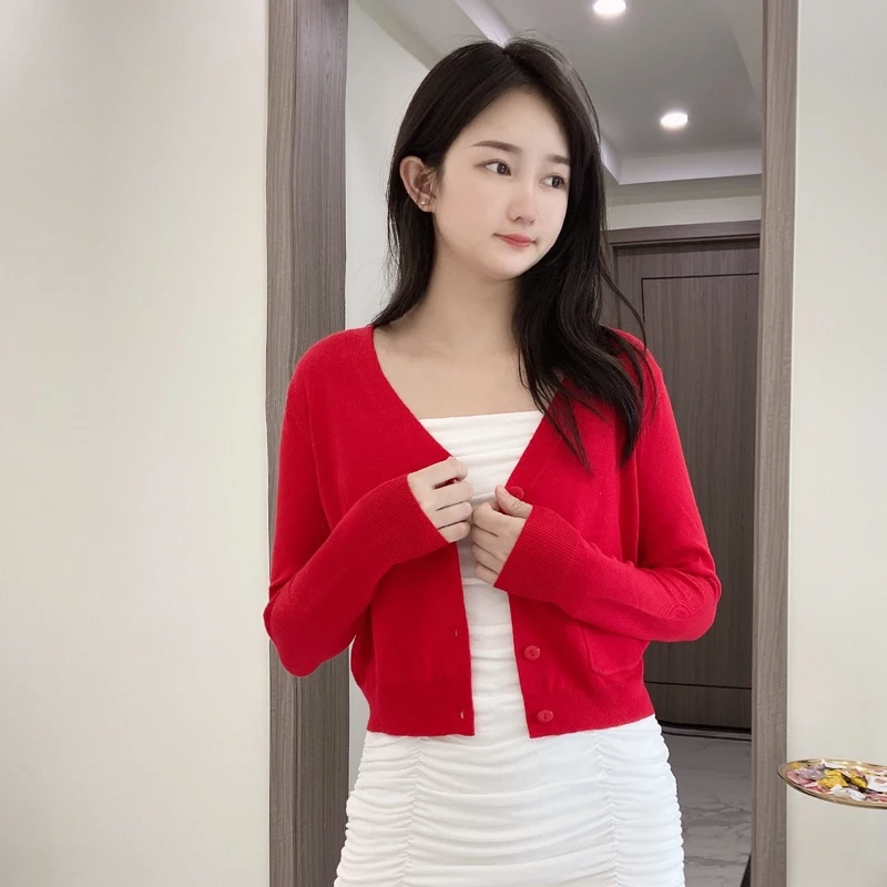 Black Cropped Knitted Sweater Clothing Knit Ladies Jersey Korean Style Blouses Long Sleeve Top Cardigan Female Sweaters Fashion