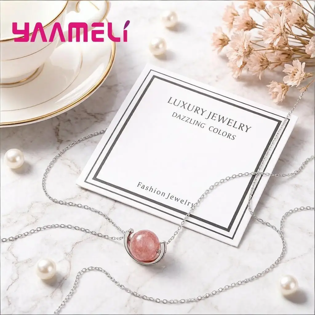 Sweet 925 Sterling Silver Round Pink Strawberry Quartz Pendant Necklaces for Women Girls Wedding Party Fashion Jewelry Gifts