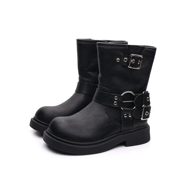 Round Toe Platform Kid Boot 2023 Autumn/Winter British Boy Leather Boot Fashion Girl Knight Boot Mid Size Ankle Boot Kid Shoe 부츠