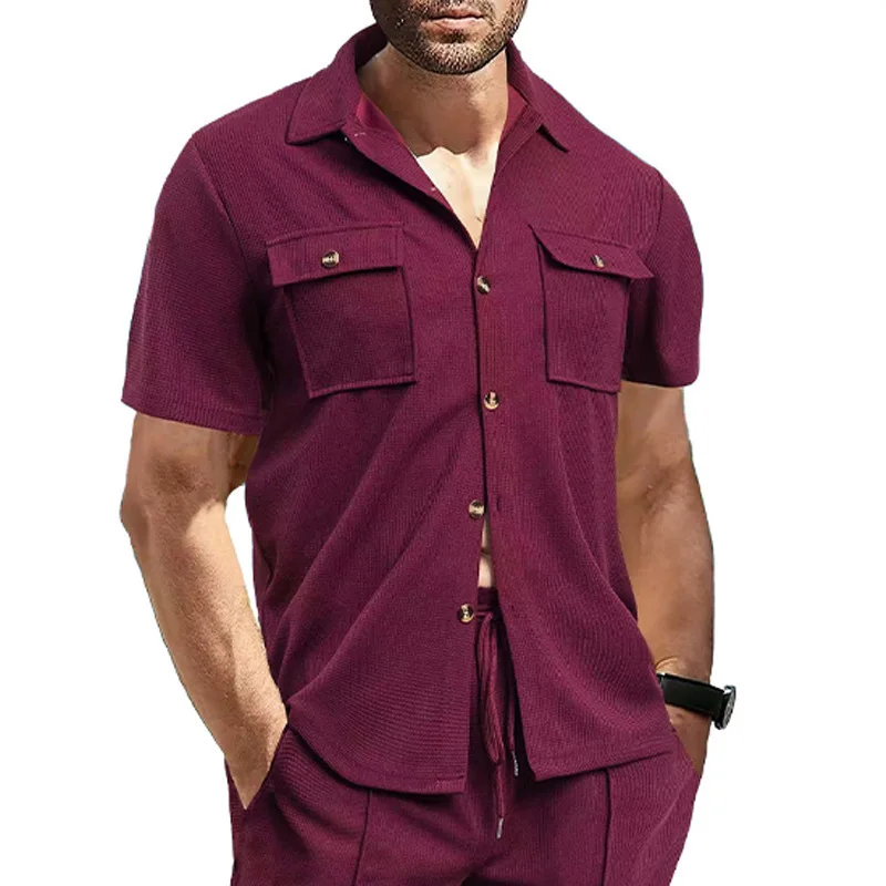 

Men Burgundy Wfle Knit Short Sleeve Shirt Two Piece Set Lapel Collar Button Down Chest Pocket Casual Outfit