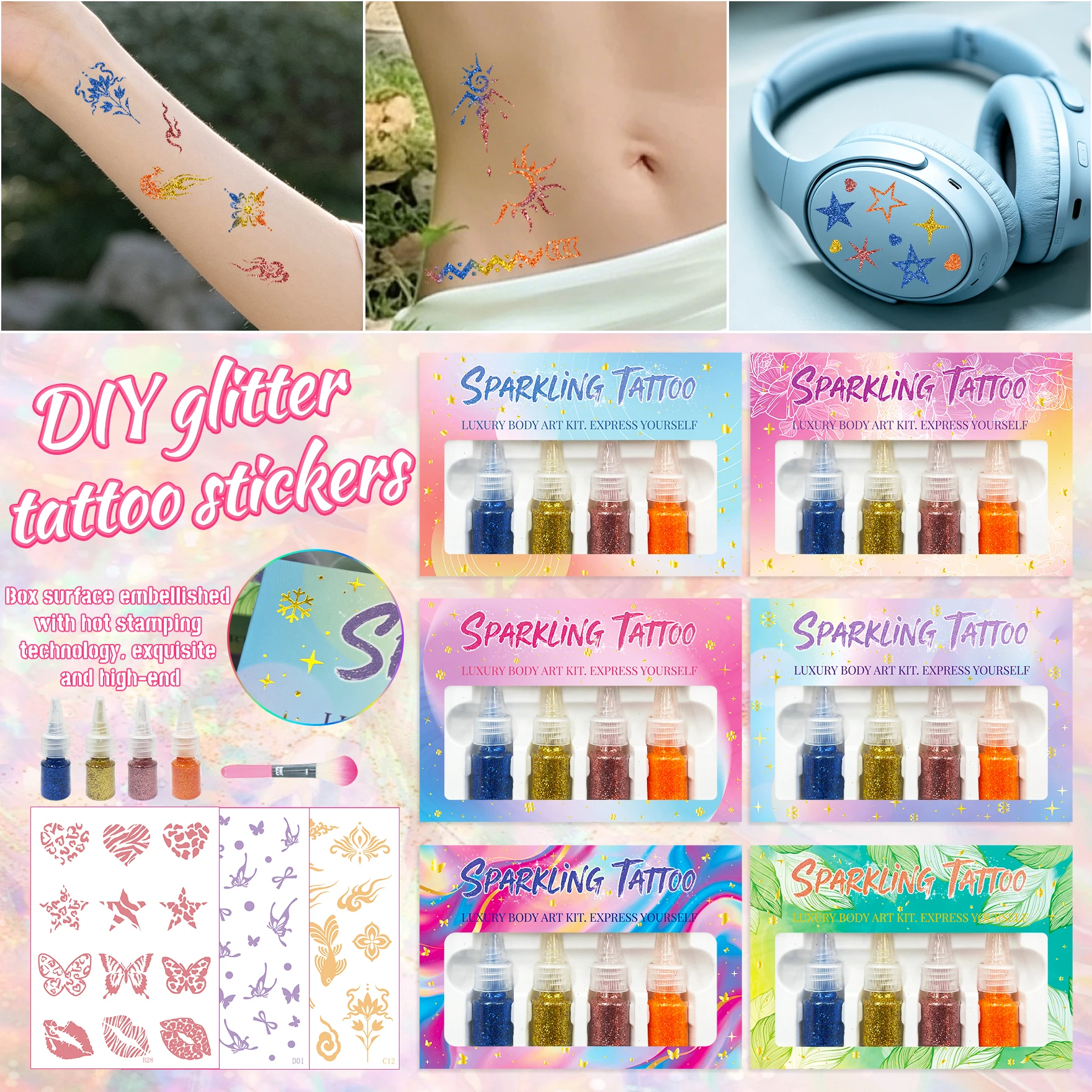 DIY Glitter Tattoo Kit 4 Colors Sparkling Temporary Tattoo Set with Stencils Brush for Women Festival Party Body Art