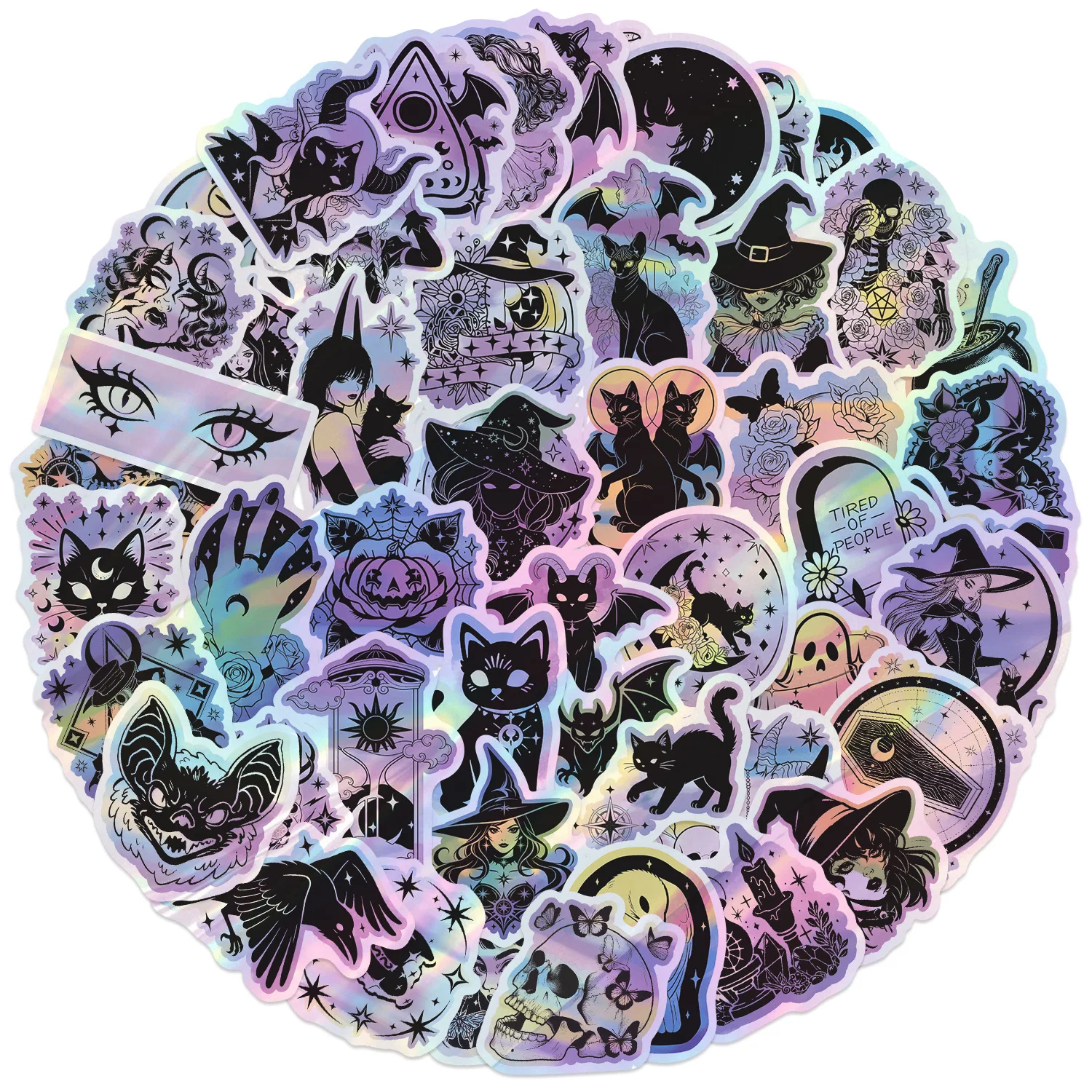 50PCS Holographic Magic Witch Black Cat Stickers Graffiti Decoration DIY Kids Toys Luggage Laptop Guitar Car Bike Decals