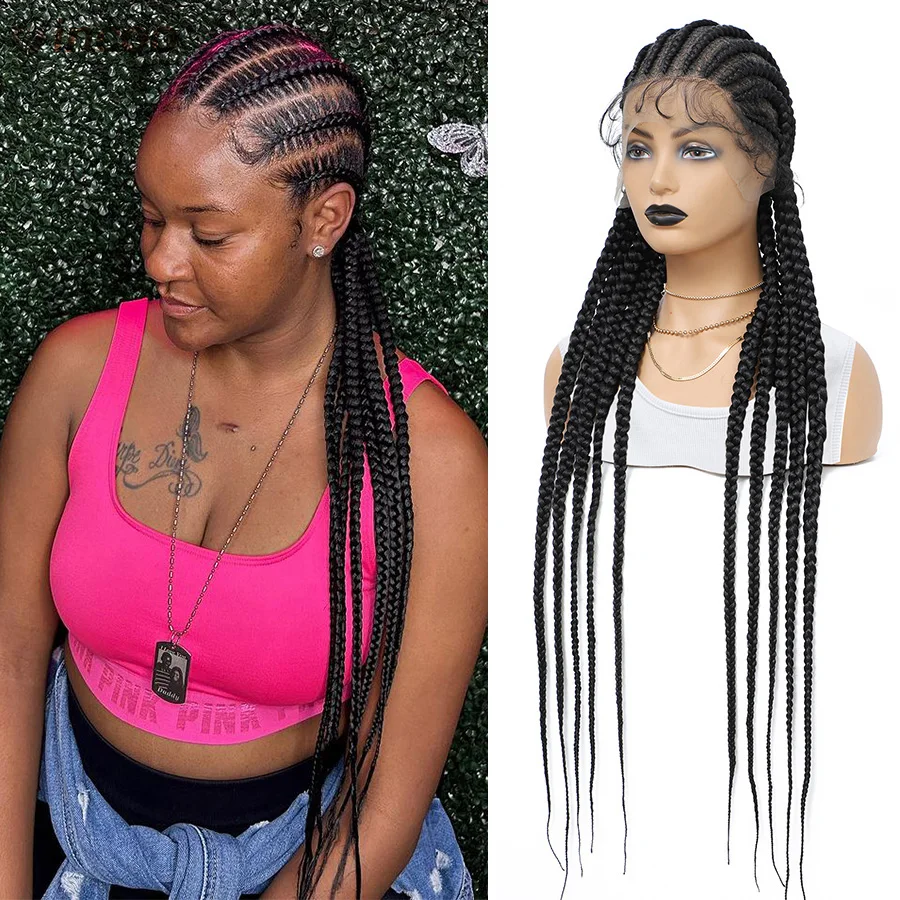 

Synthetic Cornrows Braided Wigs For Black Women Long 36'' Full Lace Knotless Braids Wig Locs Goddess Box Braids With Baby Hair