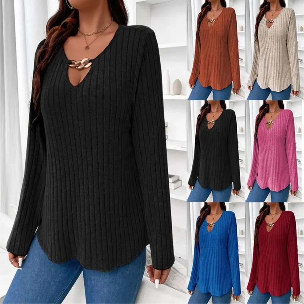 

Женская футболка больших размеров с v-образным вырезом и длинными рукавами, осень/зима, однотонный элегантный топ, новые поступления