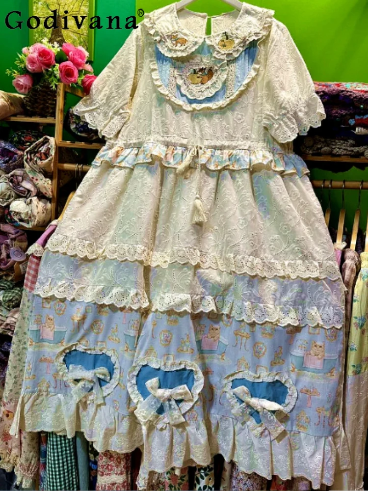 

2026 Summer Short Sleeve Sweet Bow Loose Long Dress Fashion Cute Peter Pan Collar Versatile Age Reduction Girl Lolita Dresses