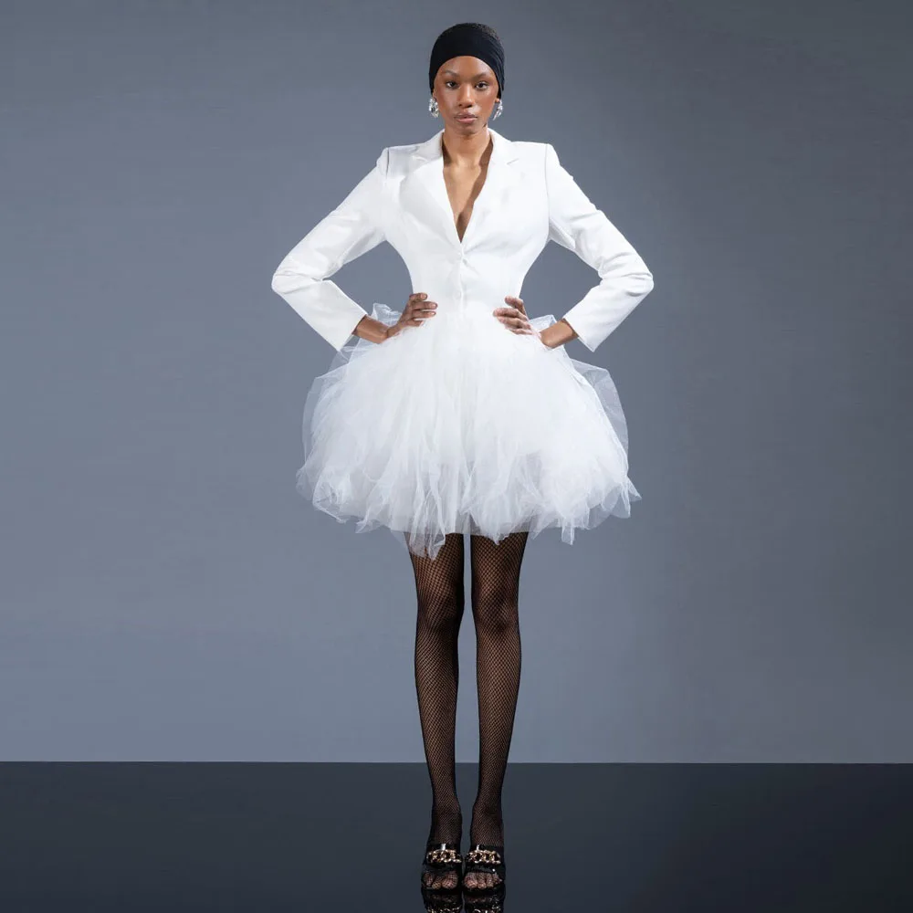 

Couture White High Stretchy White Women Blazer Dresses With Ruched Tulle Details Fashion Female Mini Dress Outerwear