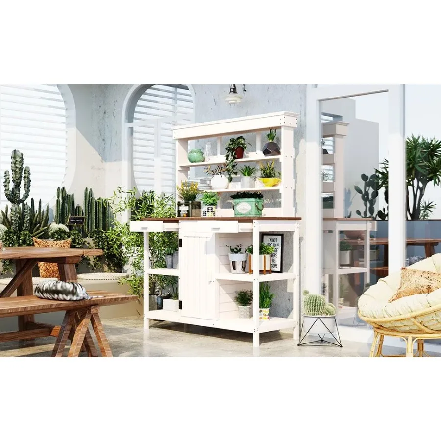 

TOPMAX 66" Large Outdoor Farmhouse Wooden Potting Bench Table Garden Workstation with 2 Drawers Cabinet and Open Shelves for Ba