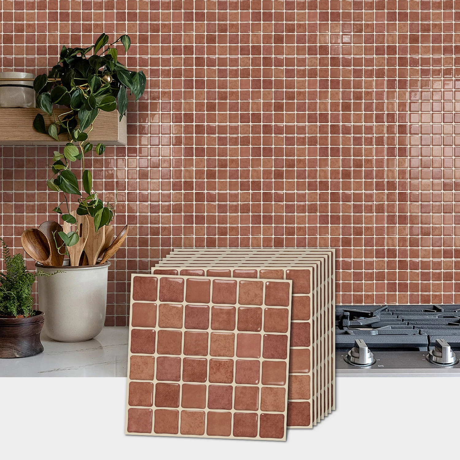 Terracotta Mosaic Tile Stickers, 6x6 inch, 3D Gel Self-Adhesive Decals for Kitchen Bathroom