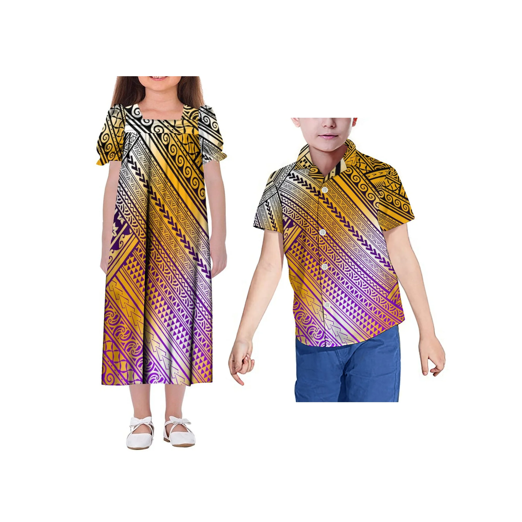 Micronesia Square Collar Short Sleeve Temperament Children Skirt Polynesian Print Custom Summer Party Mumu Dress