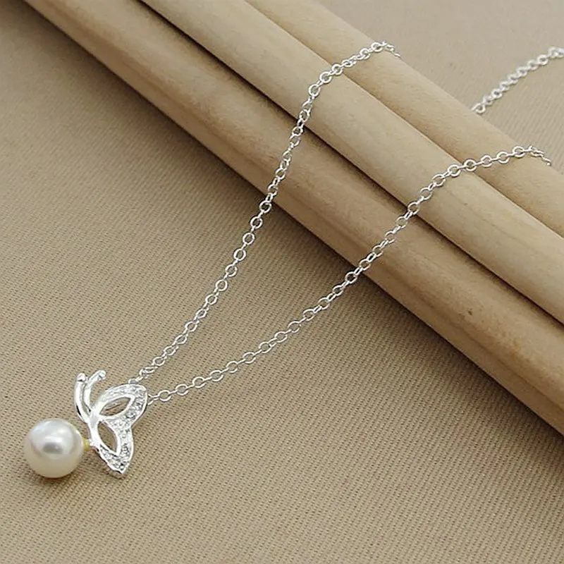 

925 Sterling Silver Pearl Butterfly AAA Zircon Pendant Necklace For Women Wedding Jewelry
