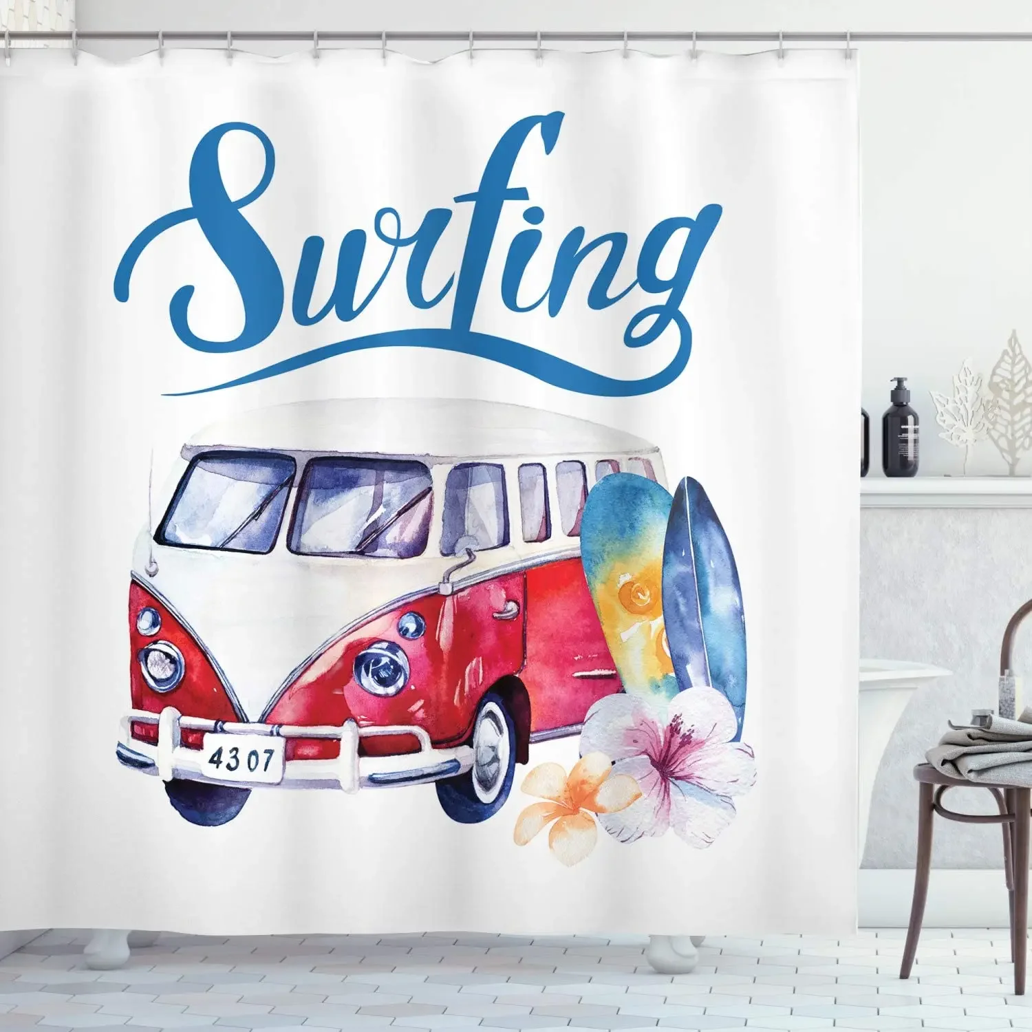 Camper Trailer Shower Curtain for Camping Bathroom Curtain Bear Campfire and Forest Silhouette Bathtub Screen with 12 Pcs Hooks