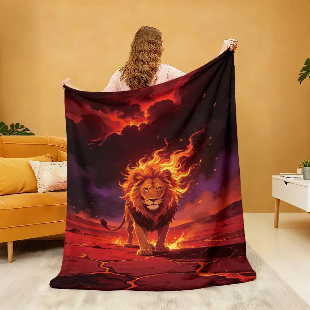Vivid Lion King Roaring Fire Epic Fantasy Caveman Style Throw Blanket for Couch Decor 150x200cm