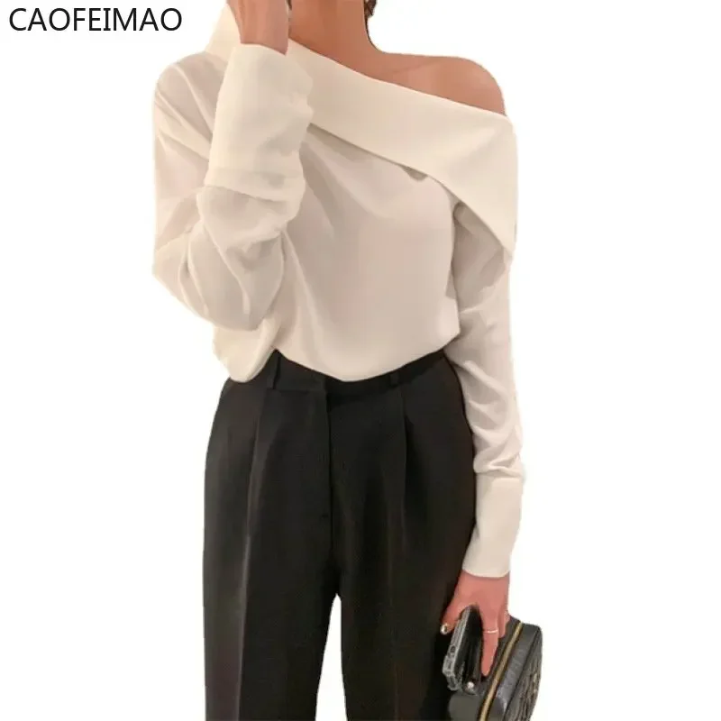 Office Lady Korean Style Black Blouses One Shoulder Sexy Shirts Women Spring Summer Cold Blouse Female Elegant White Tops 2025