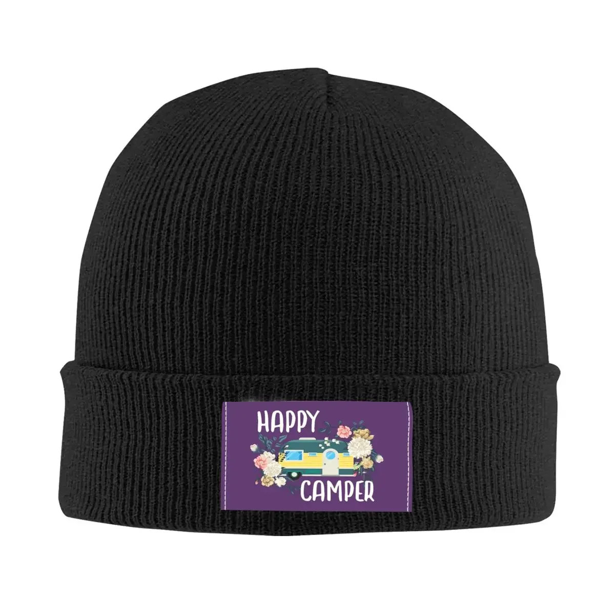 

Happy Camper Flowers Print Bonnet Hat Knitting Hat Men Women Hip Hop Unisex Adult Cartoon RV Camping Warm Winter Beanies Cap