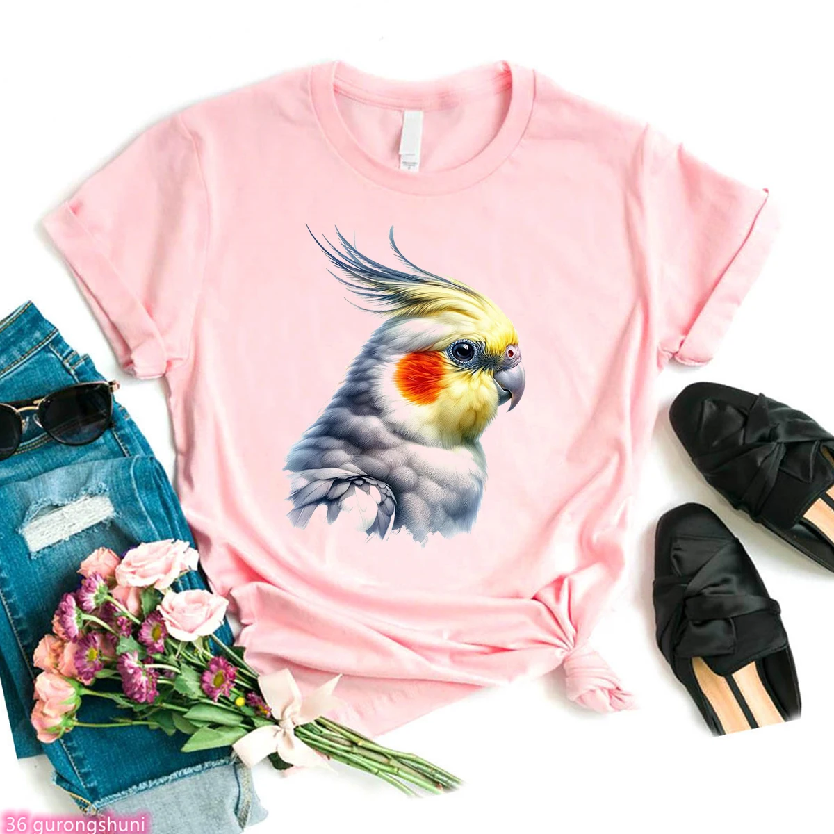 Watercolor Cockatiel Parrot Note Bird Print T-Shirt Women'S Clothing Funny White/Pink Tshirt Female Summer Fashion Top Tee Shirt
