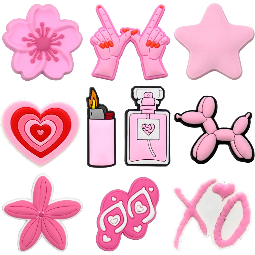 1/10PCS Super Pink Series Shoe Charms for Girls, Flower Heart Shaped Charms for Shoes, Lighter Perfume Wooden Clogs Buckles