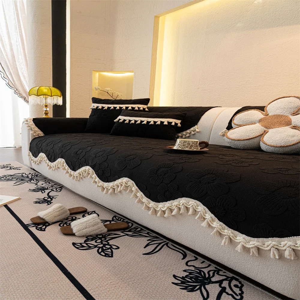 Retro Chenille Sofa Cushion Cover Universal Non-Slip Fixed Straight Row All-Seasons Slipcover for Home Comfort