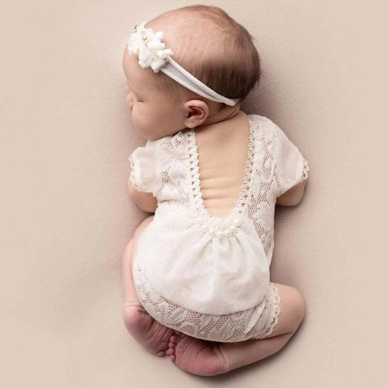 J2HD Newborn Baby Photography Props Girls Lace Romper Jumpsuit Headband Set Infants Princess Costume