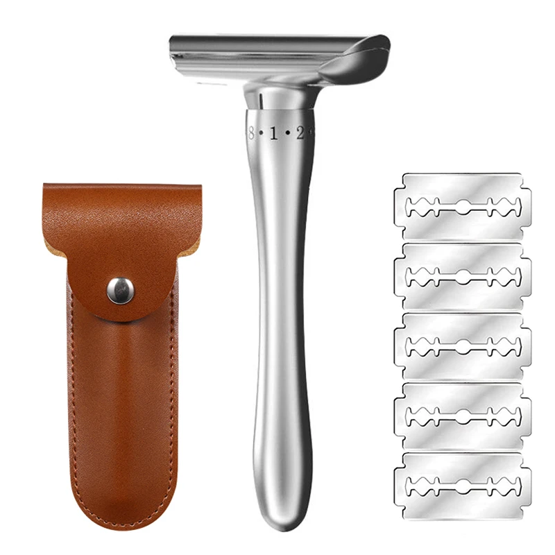 Double Edge Adjustable Safety Razors Classic Razor with 5 Blade & Case Long Handle Wet Shaving Zero Irritation Detachable Blades