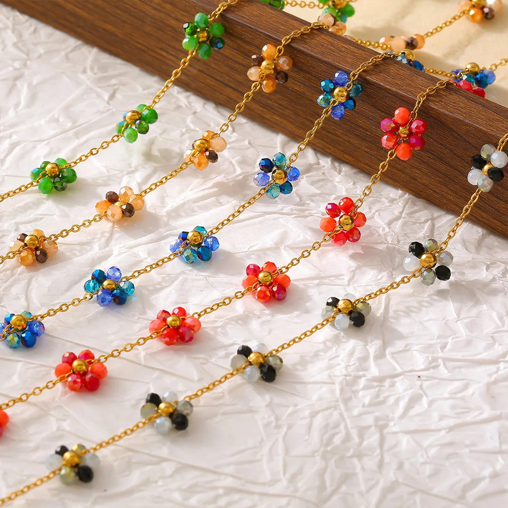 Colorful Glass Stone Beaded Flower Pendant Necklace Bracelet Anklet Set Women\'s Stainless Steel Gold plated Chain Summer Jewelry