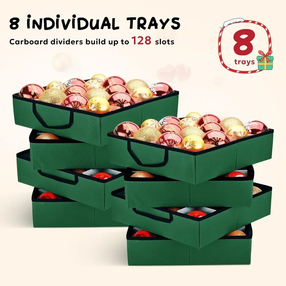 منظم زينة عيد الميلاد باللون الأخضر مكون من 8 صواني - يحمل 128 زينة، 3 بوصة، إغلاق بسحاب مزدوج، صندوق تخزين متين 600D