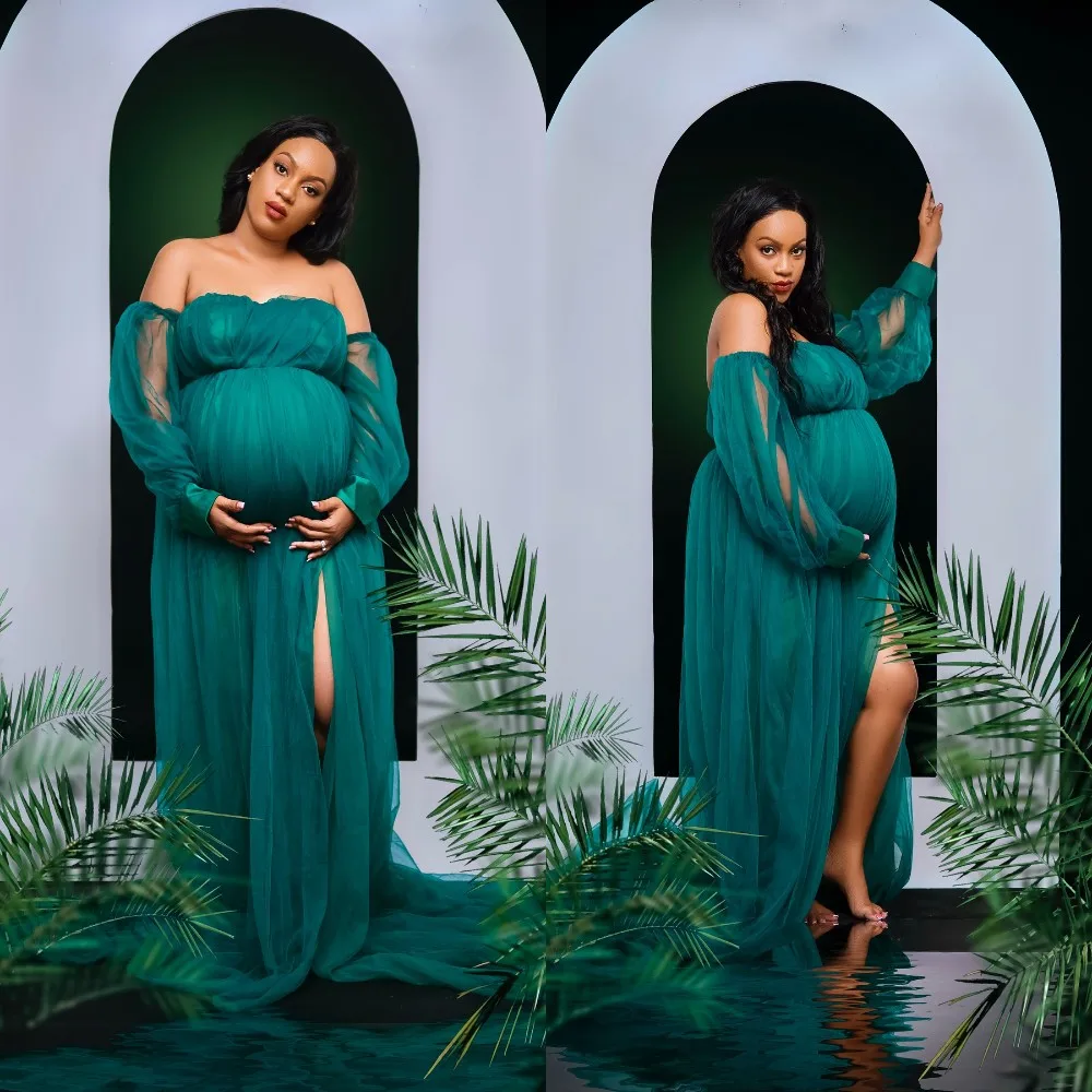 

Off Shoulder Women Pregnant Photoshoot Robe Sleeveless Pleating Tulle Nightdress Sleepwear Nightwear For Bridal Dress Customized