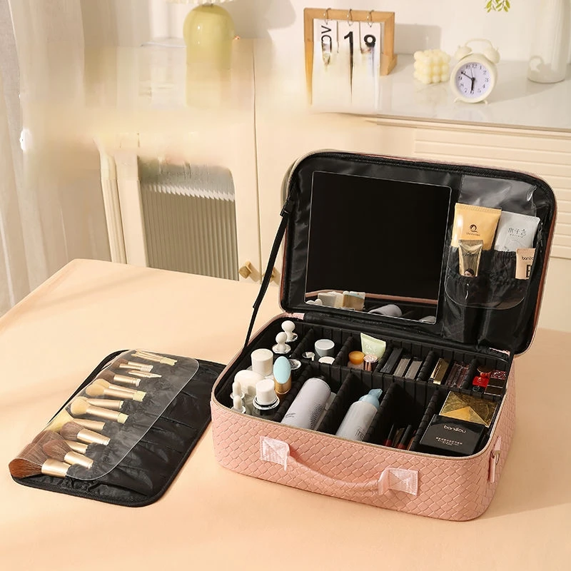 

Дорожная косметичка премиум-класса с зеркалом, женская портативная большая вместительная сумка для кистей для макияжа, портативная перегородка, косметичка