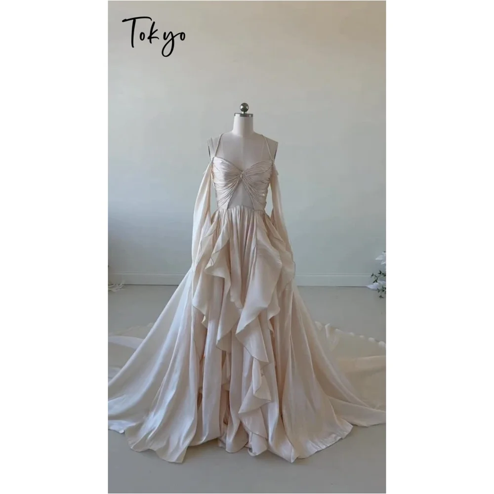 Tokyo Customized Luxury Ruffled Bell Sleeves Wedding Dresses Spaghetti Straps Bridal Gowns Court Train Wedding Gowns 2026