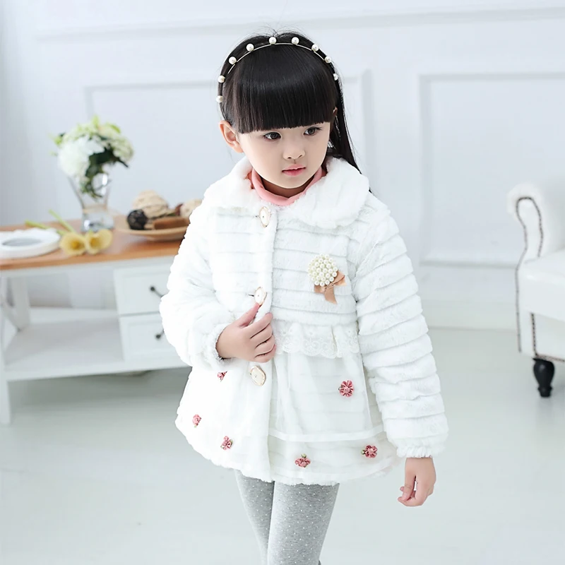 Fashion Kids Faux Fur Coat Autumn Winter Warm Plush Baby Jacket Christmas Cute Floret Lace Princess Outwear Toddler Girl Clothes