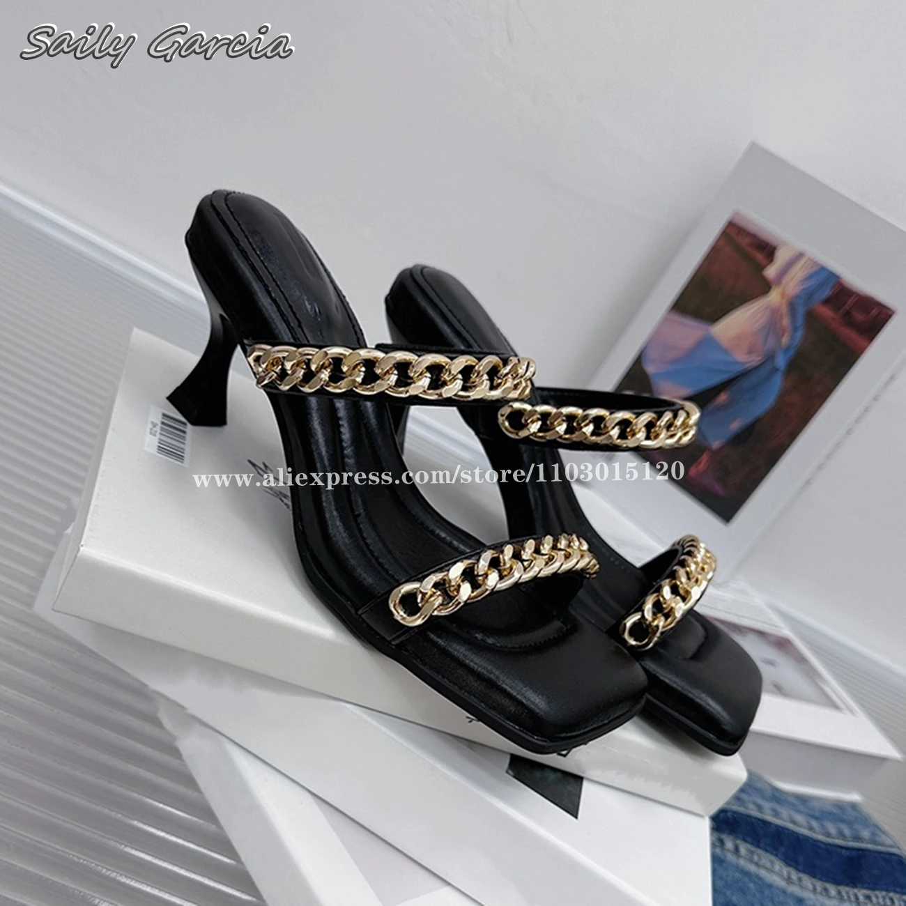 

Genuine Leather Metal Chain One Word Belt Kitten Heel Sandals Solid Large Size Slip On Slipper Sandals Square Toe Casual Slides