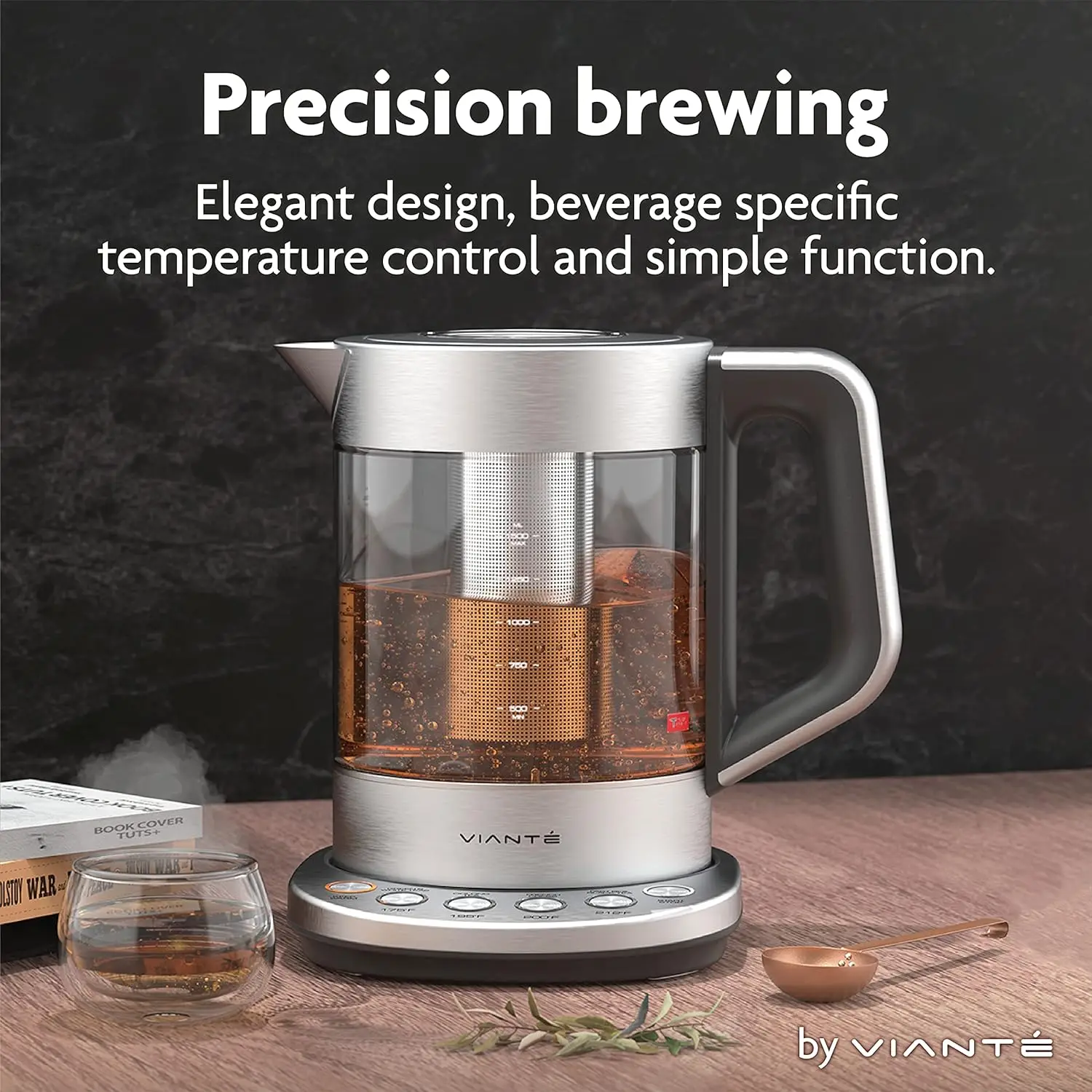 Glass electric kettle with tea infuser and temperature control. For your favorite tea and coffee brewing program