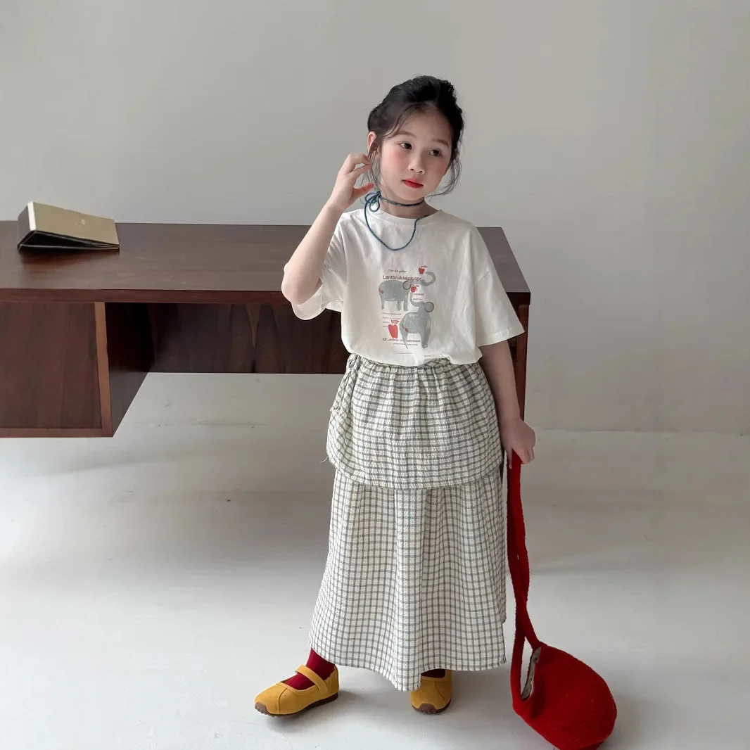 Girls Set 2026 Summer New Childrens Wear Korean Style Girl Baby Letter Cartoon Plaid Skirt T-shirt Two-piece Set Casual Simple