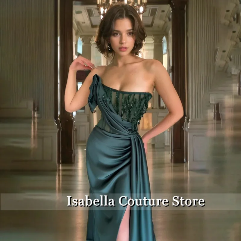 Ciemnozielona seksowna suknia balowa bez ramiączek, z odkrytymi plecami, z wycięciami, satynowa suknia wieczorowa typu syrena z rozcięciem z boku, szyta na miarę.