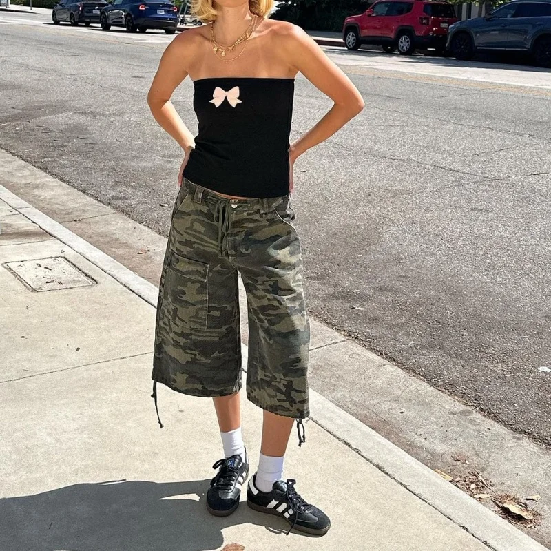 Women Summer Cargo Shorts Casual Camouflage Print Loose Drawstring Short Pants for Club Streetwear