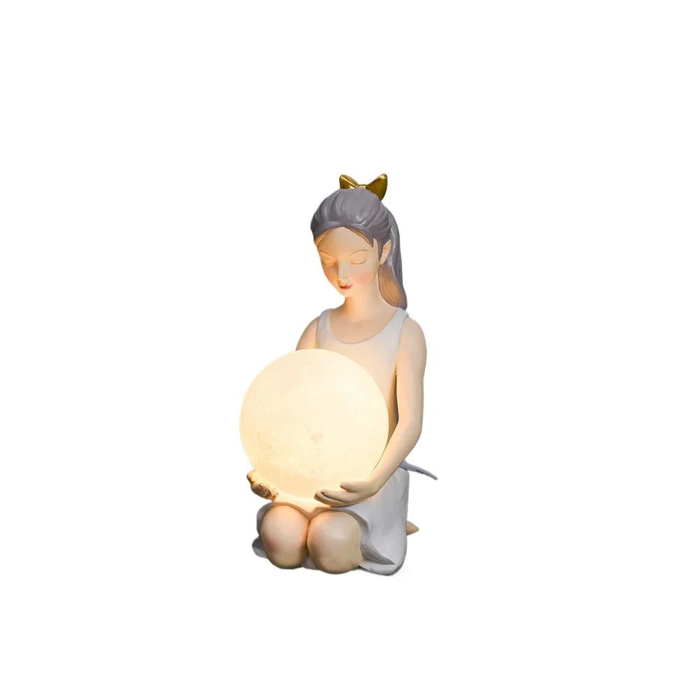 

Modern cute home decoration nordic desk lamp resin girl statue room night light