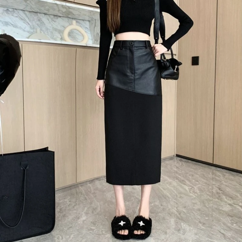 PU Patchwork Skirts Women Mid-calf Stylish Casual Korean Faldas Simple Empire Autumn Vintage A-line Elegant Temperament Ladies