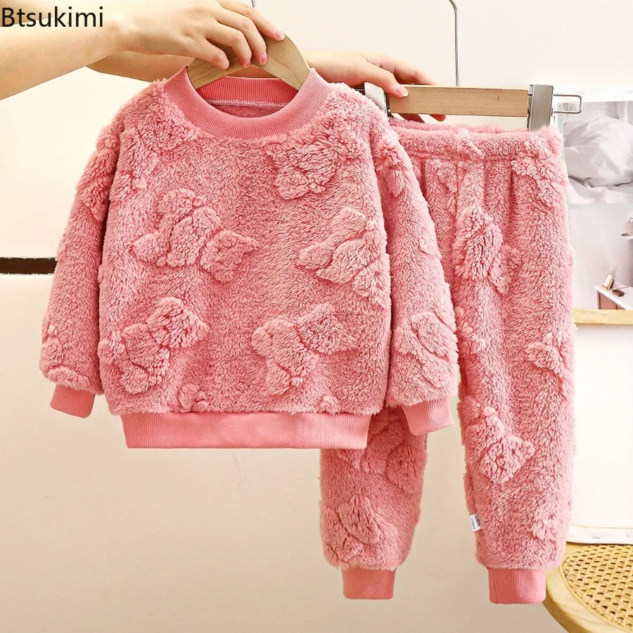 Neue kinder Flanell Pyjamas Set Jungen Mädchen Solide Langarm Verdicken Warme Nachtwäsche Sets Herbst Winter Baby Thermische Unterwäsche