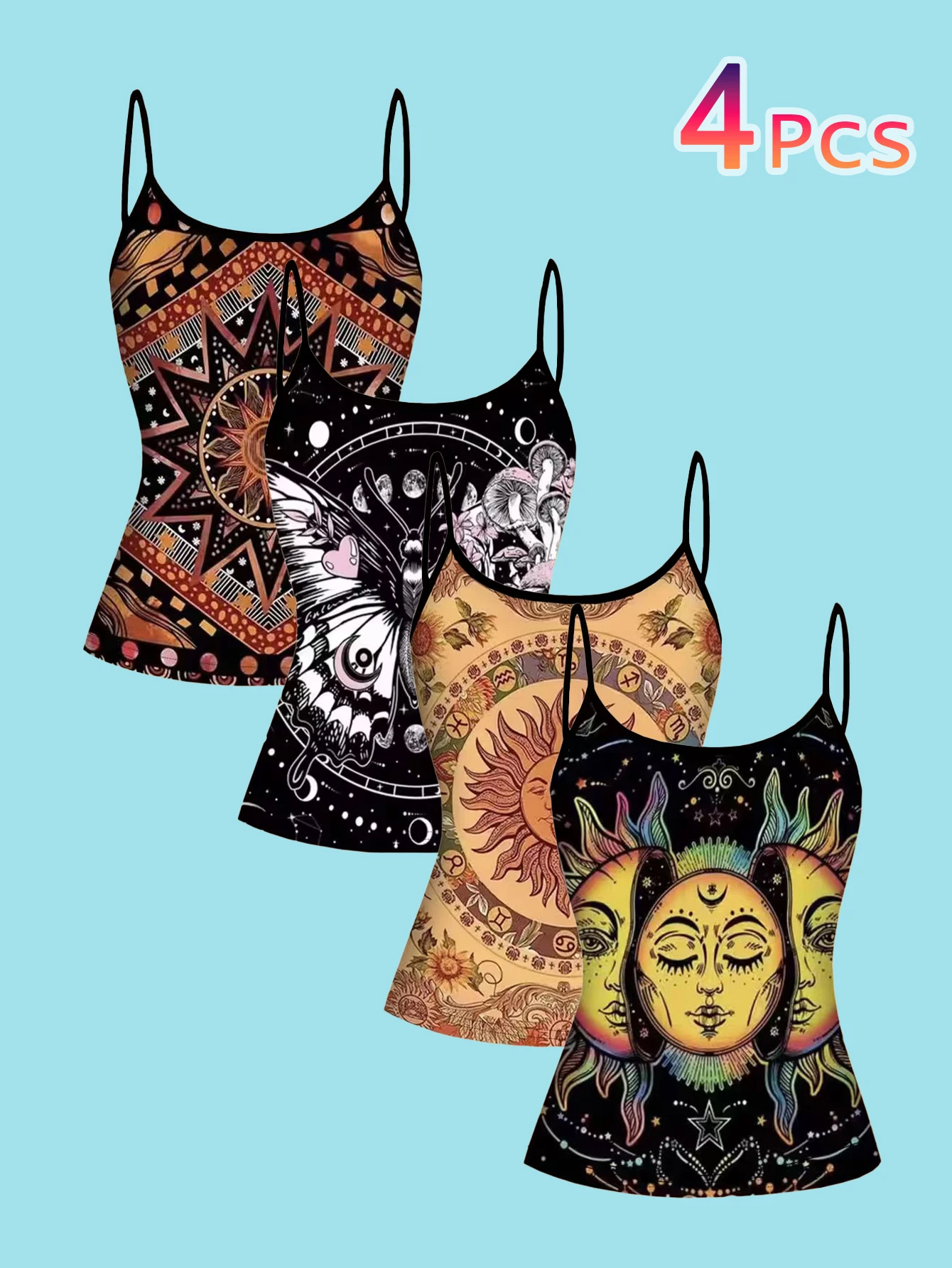 4-Piece Set of Women's Bohemian Vintage Print Camisoles with Sun, Moon, Stars, Butterflies, Mushrooms, Constellations, and Geometric Designs, Slim-Fit Spaghetti Strap Tops