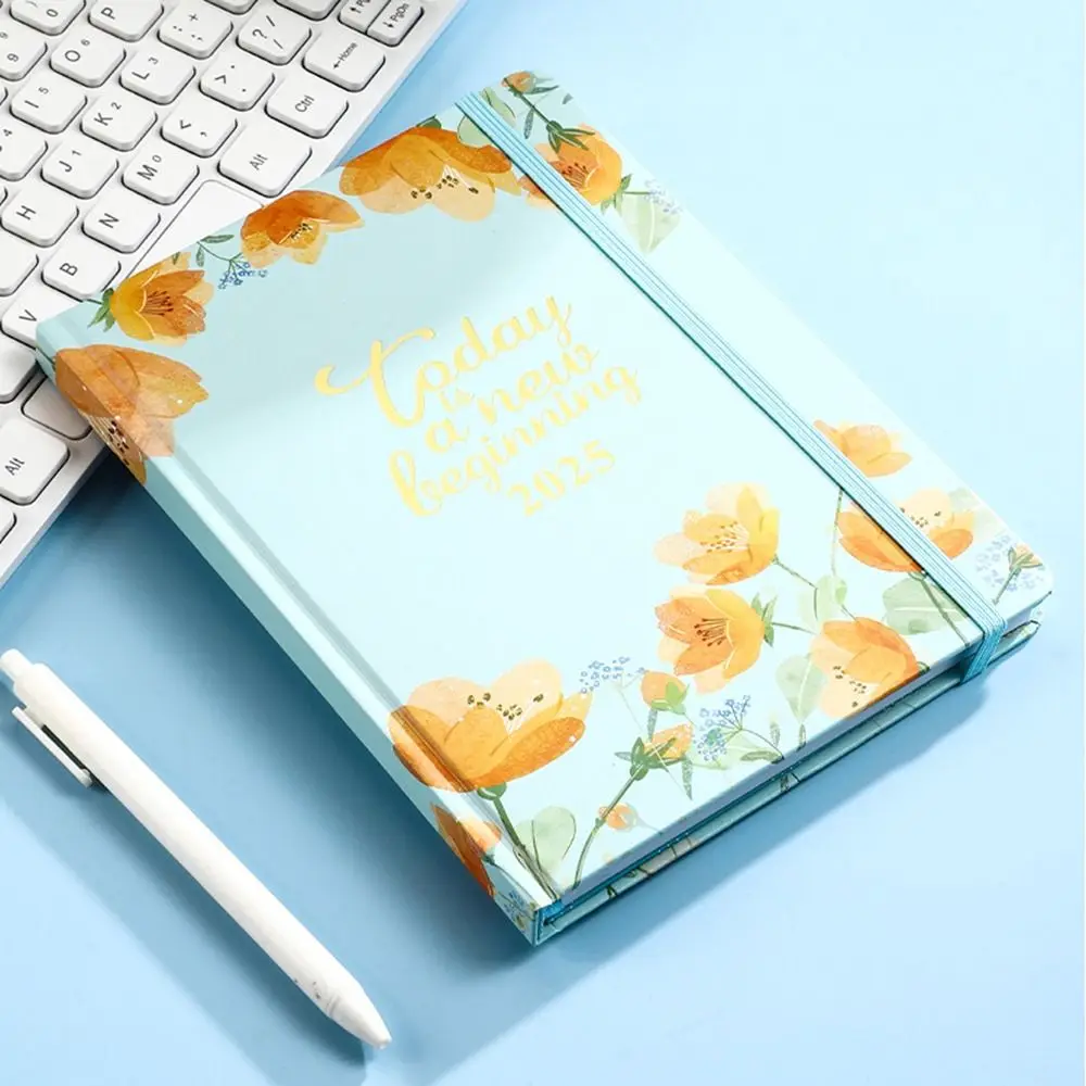A5 2025 Planner Notebooks Thick Paper Cardboard Cover English Notebook Elastic Band Design Multifunction Datebook Stationery