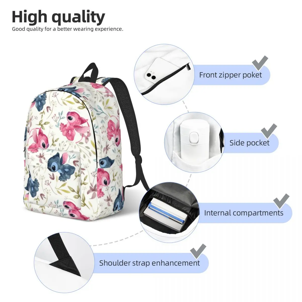 Mochilas personalizadas Monster Stitch Canvas, sacolas escolares dos desenhos animados para homens e mulheres, Bookbag Fits, Laptop, Faculdade, Angel Flowers, Fits 15 "Laptop