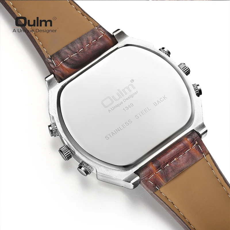 Oulm New Style Large Dial Unique Designer Men\'s Watch Luxury Brand Men Quartz Watch Men Two Time Zone Leather Sport Wristwatches