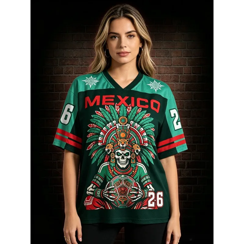 Mexico Aztec Tribal Soccer Jersey Mayan Calendar Skull Jaguar Eagle Print V Neck Tshirt Unisex Mexican Flag Casual Fan Apparel