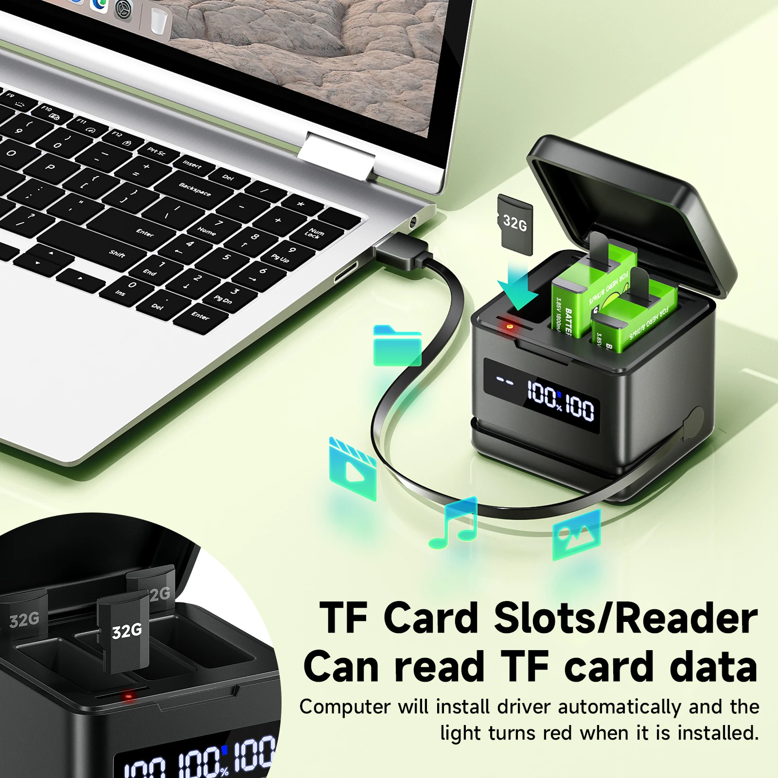 สําหรับ GoPro Hero 8 แบตเตอรี่ + 3 Solts จอแสดงผล LCD แบตเตอรี่ Charger กล่องเก็บ USB Type C สําหรับ GoPro Hero 8 7 5 6 กล้อง