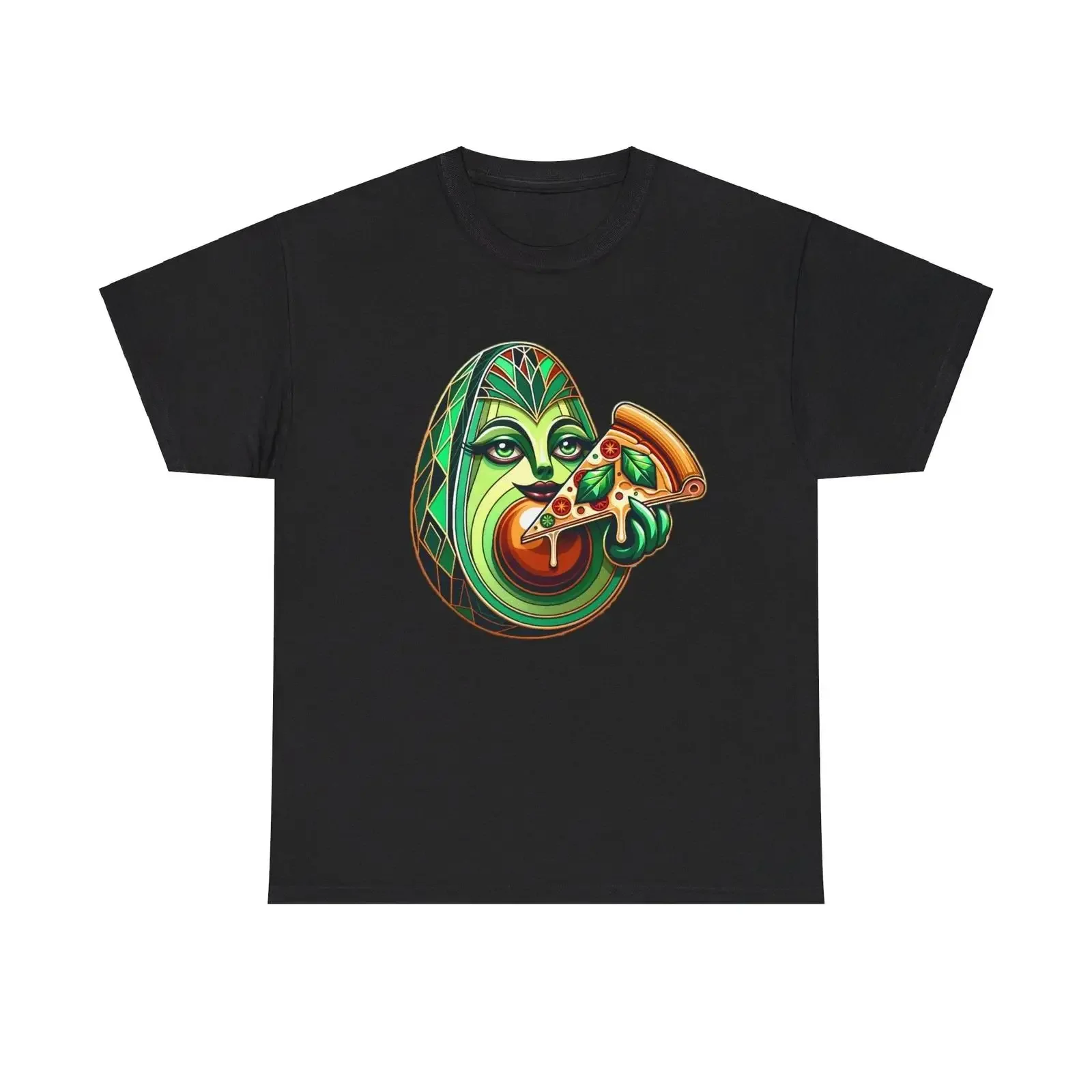 Adult T Shirt Art Deco Avocado Eating Pizza Slice Funny Food Retro vintage Washed Comfortable Stylish Slightly fashion Unisex