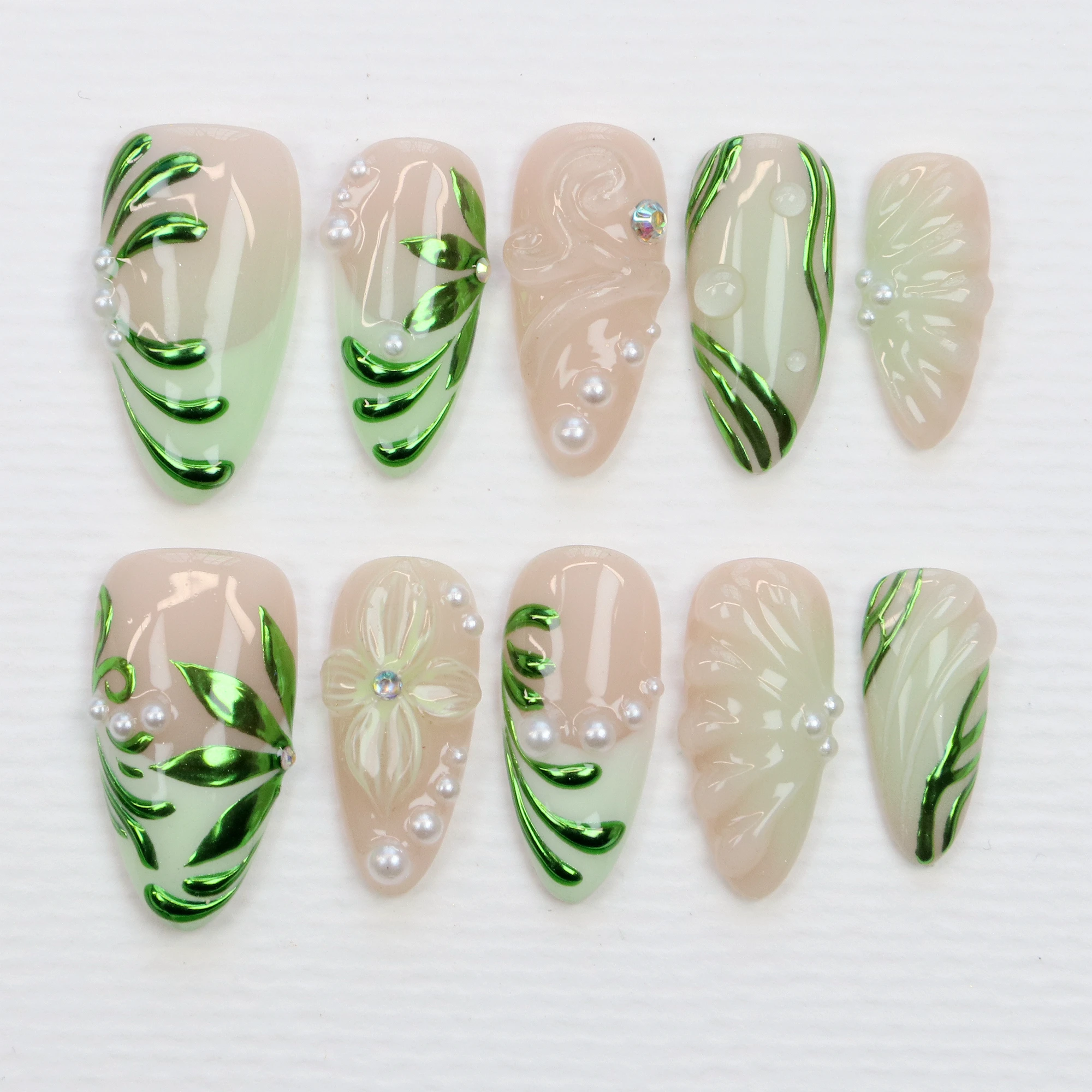 10PCS Y2K 3D Custom Design Luxury Long Stiletto Press On Nails,Beautiful Green Flowers FreeStyle Press Vacation Holiday Gift