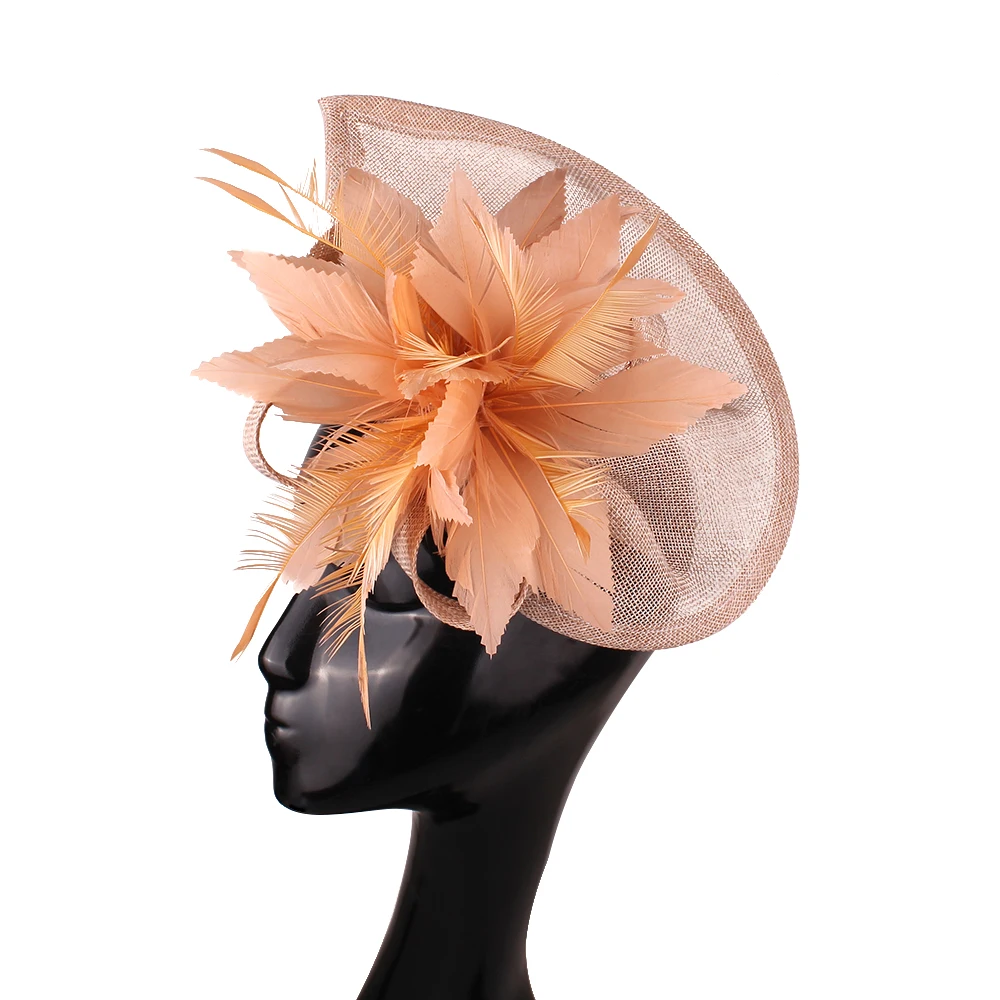 imitation sinamay Dark Peach Color Fascinatrors Flower Hats Millinery Feather New Big Kentucky Headband Vintage Loops Headwear