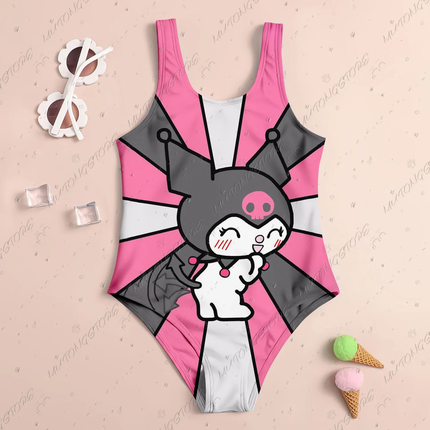 2025 New Cute Children One-Piece Swimsuit Sanrio Kuromi 3D Print Girl Women Swimsuit Soft Breathe Kids Summer Seaside Clothes