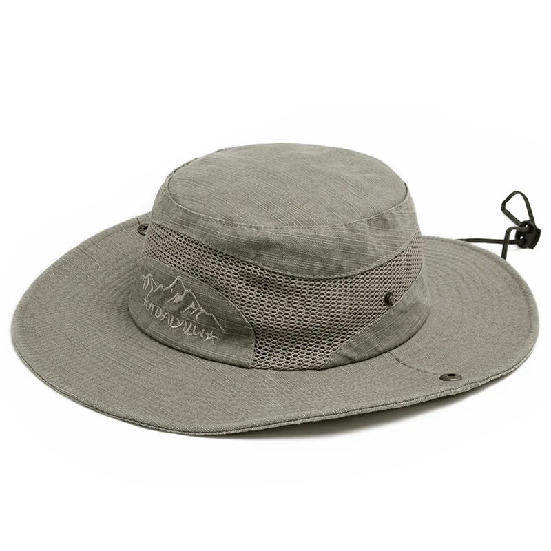 Men Summer Bucket Hat For Outdoor UV Protection Cotton Mesh Cap Panama Jungle Fisherman Hiking Travel Beach With Windproof Rope