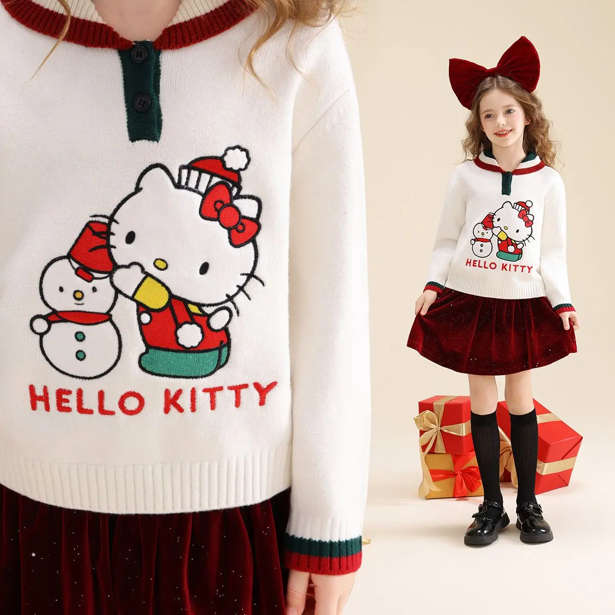 Hot Sanrio Kuromi Girl Christmas Wind Sweater Hello Kitty Kawaii Autumn and Winter Clothing Children Thickening Tops Cartoon