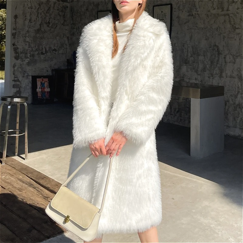 Knee Length Women Faux Fur Coats Jackets Turn Down Collar Thick Warm Y2k Streetwear Jacket Elegant Casual Loose Autumn Winter